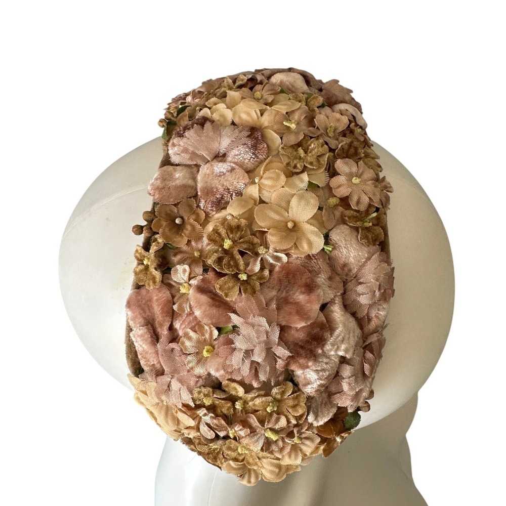 Vintage 50s Floral Velvet Headband Crown Mauve Millinery Fascinator Headpiece